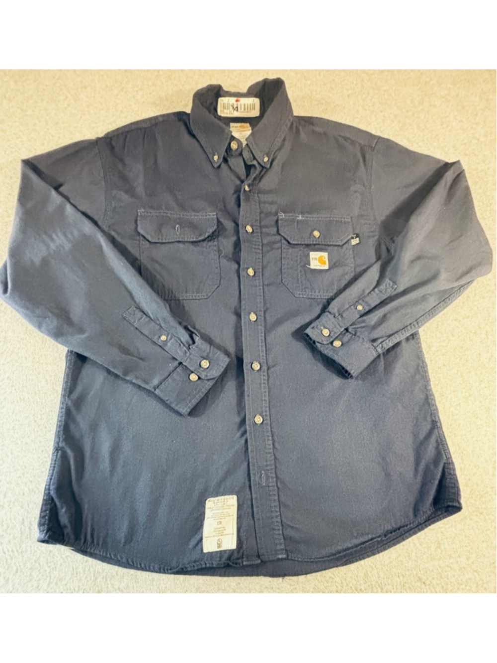 Carhartt FR Flame Resistant Work Shirt Mens L Navy Button Front USA Utility